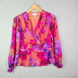 Sofia Jeans Floral Blouse Pink Orange Small Romantic Peplum Ruffle Cuff